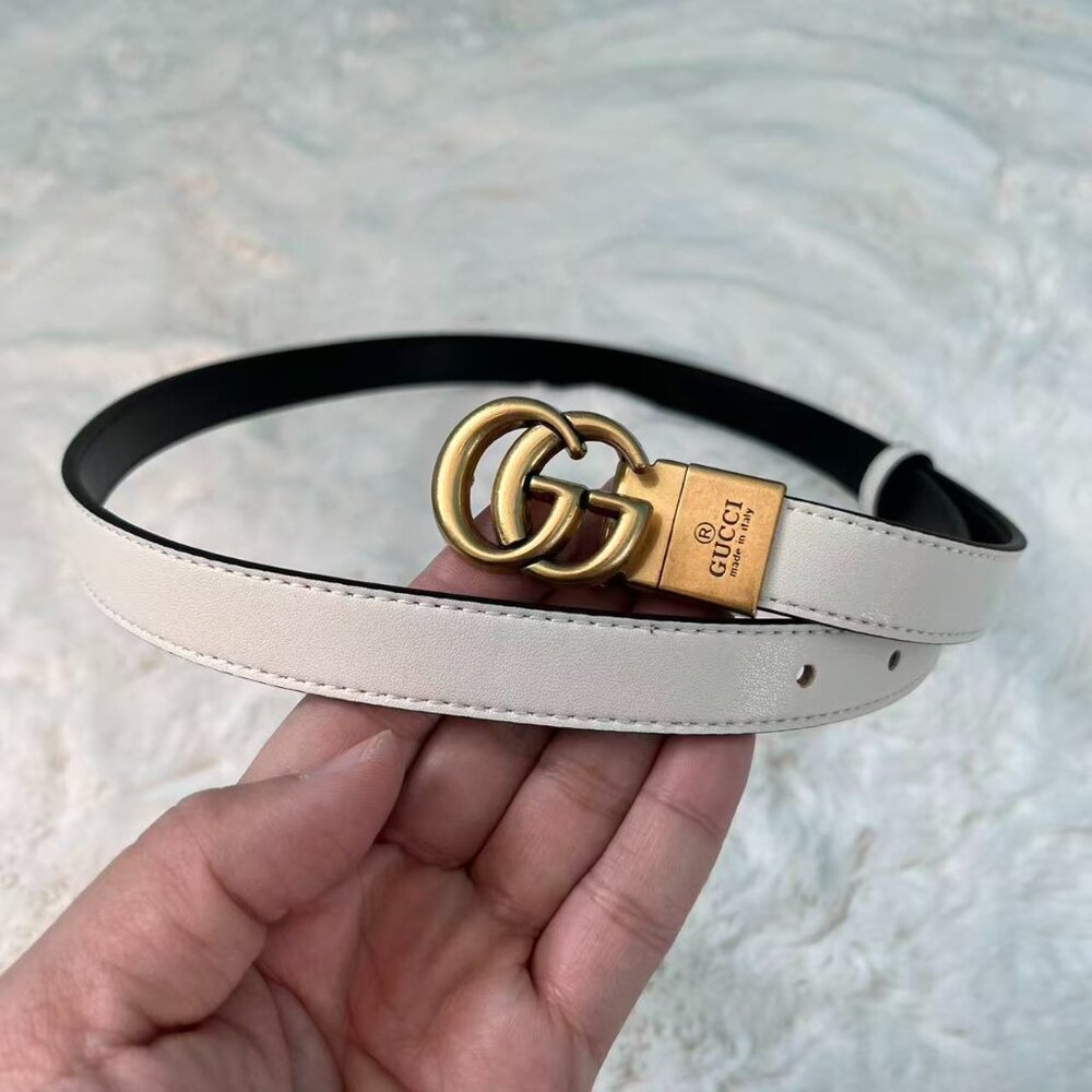 Gucci White Leather Belt with Gold Double G Buckle